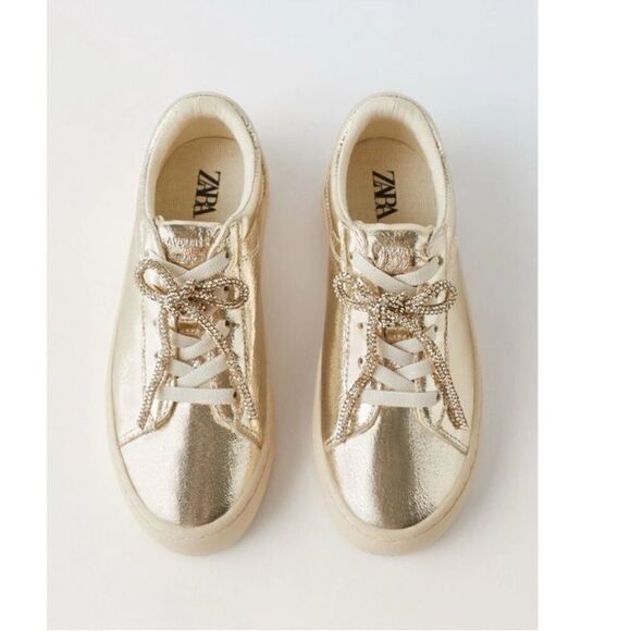 Zara Kids Girls Metallic Gold tone Lace up Sneakers(Size 4) - Picture 1 of 10